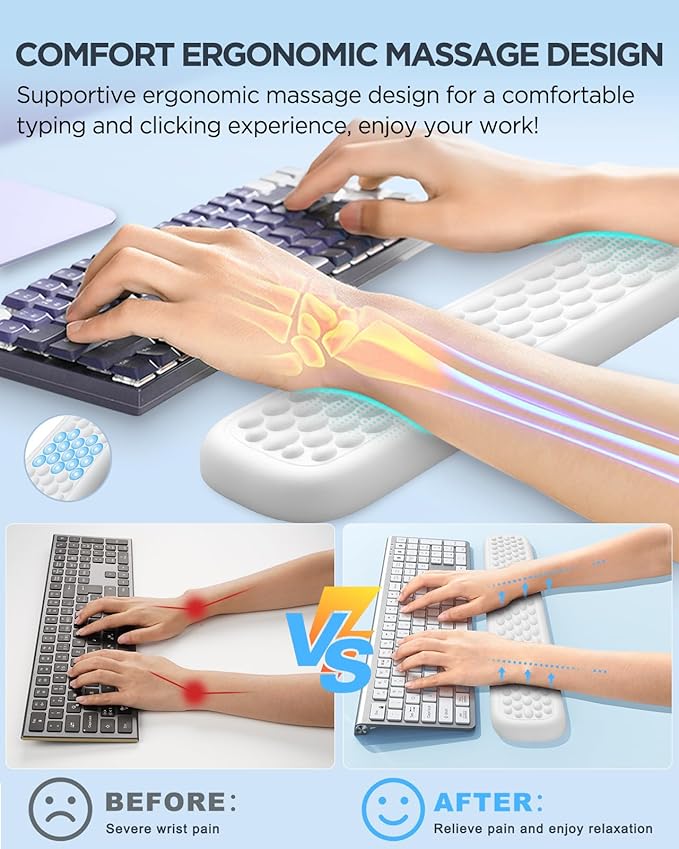 Lekvey Ergonomic Wrist Rest for Computer Keyboard - Memory Foam with Massage Points & Waterproof PU Leather Wrist Pad, Carpal Tunnel Support for Office/Gaming, Typing Pain Relief, Easy-Clean（White）
