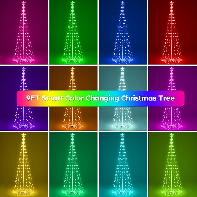 9FT Smart Christmas Tree Lights with Ball Ornaments, App & Remote Control, 316 RGB Color Changing LED Cone Tree Lights, Music Sync, Custom Light Show, Waterproof Decoration for Xmas, New Year, Parties