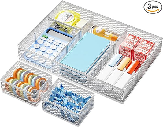 Marbrasse 3 Packs White Desk Drawer Organizers,Drawer Organizer Tray with 9 Adjustable Compartments,Junk Drawer for Makeup & Vanity, Office Desk Supplies and Accessories（White）