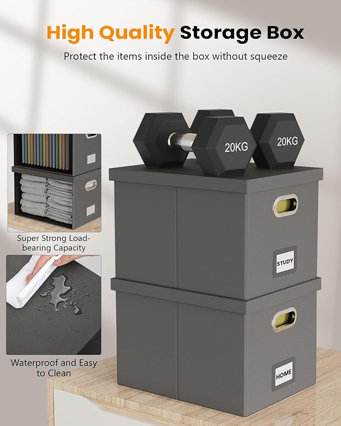 Oterri File Organizer Box with Lid, Portable Hanging File Box for Office/Decor/Home, 1 Pack, Gray (Leather)