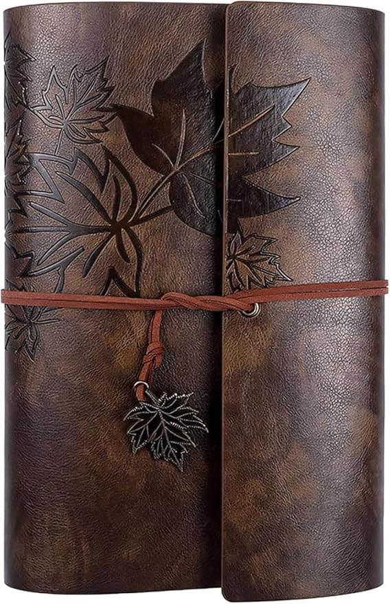 HARDCOVER JOURNAL Writing Notebook - Antique Handmade HARDCOVER Bound Daily Notepad, Vintage Leaf Series, (Leaves, Dark Brown)