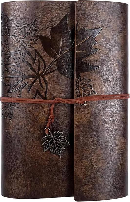HARDCOVER JOURNAL Writing Notebook - Antique Handmade HARDCOVER Bound Daily Notepad, Vintage Leaf Series, (Leaves, Dark Brown)
