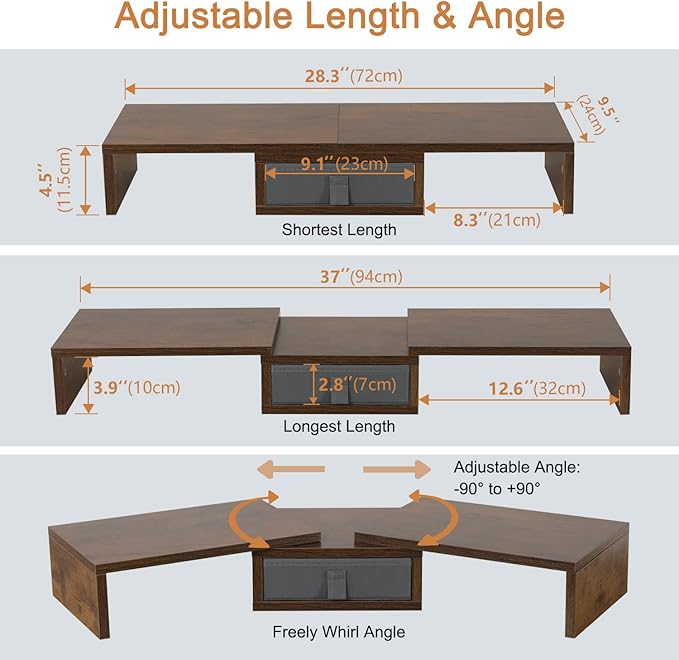 TEAMIX 3 Shelf Monitor Stand Riser With Drawer - Length and Angle Adjustable Dual Riser With Storage Corner Desk Shelf Organizer Large Computer Stand for 2 Monitors/Laptop (Brown, 1 Drawer)