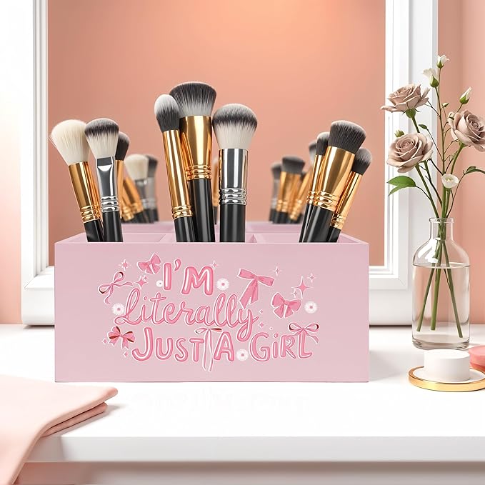 I'm Literally Just A Girl Makeup Brush Toothbrush Holder, Trendy Pink Coquette Bow Wooden Pen Pencil Holder Organizer for Dorm Bedroom Desk Accessories, Back to School Gifts for Girls