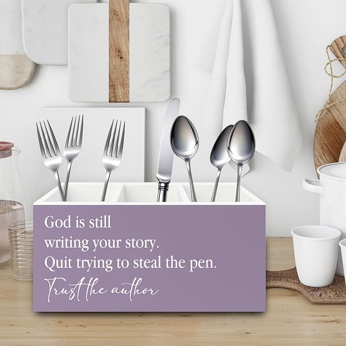 Purple Christian Pen Pencil Holder Organizer for Desk, Christian Gifts for Women, God Is Still Writing Your Story Bible Verse Wooden Box Sign for Home Office Desk Tabletop Decorations