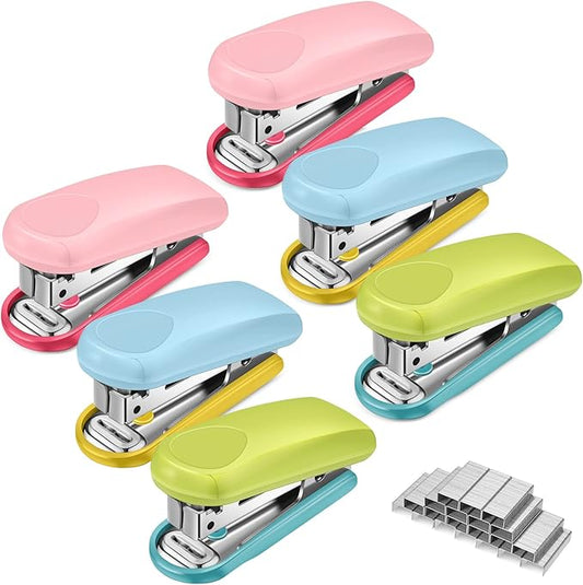 Leinuosen 6 Pack Mini Stapler with 1000 Staples Pink Small Stapler Multipack 16 Sheets Capacity Standard Staples with Box Desktop Remover for Kids School Office Supplies, 3 Colors