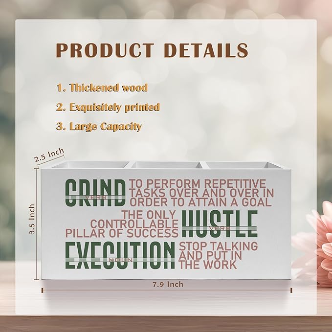 Motivational Office Pencil Pen Holder for Desk, Grind Hustle Execution Wooden Pencil Holder Organizer for Home Office Desk Accessories, Encouragement Gifts for Women