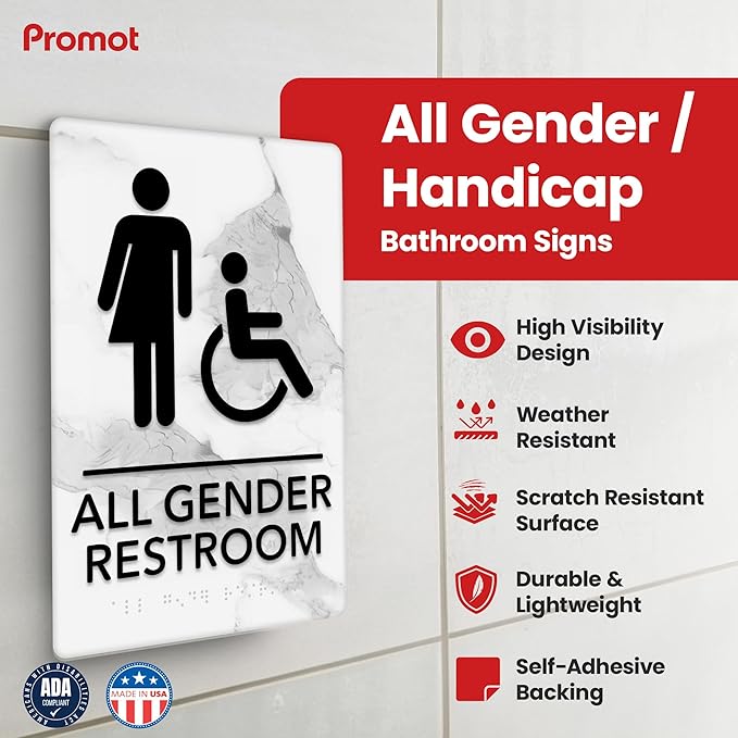 Promot All Gender Handicap Bathroom Sign – ADA Braille Restroom Sign for Business, Self-Adhesive, 9" x 6", Commercial Door Signage, Office Wall Decor - Marble Quartz