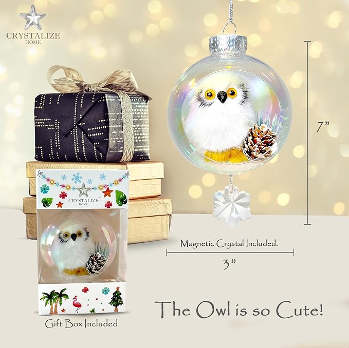 White Owl Christmas Ornament - Handmade Shatterproof Decorations for Indoor Outdoor Xmas Tree - Clear Ball Ornaments with Magnetic Crystal - Great Gift or Stocking Stuffer for Mom, Sister, Friend