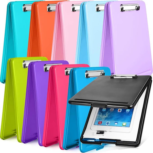 10 Pieces Clipboard with Storage Plastic Storage Clipboard Nursing Clip Board Foldable Clip Board with Low Profile Clip for Home Office School, Size 9.5 x 13.5 Inch(Bright Color)