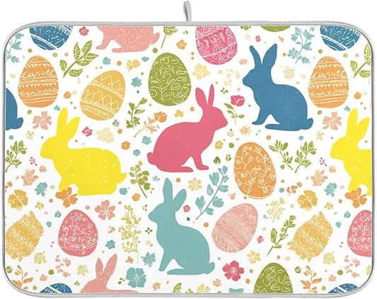 Flowers Eggs Bunny Easter Dish Drying Mat 16 X 18 Inches Spring Rose Leaves Peeps Rabbits Dry Dishes Pads Mats for Kitchen Tableware Protector Countertops Counter Home Decorations