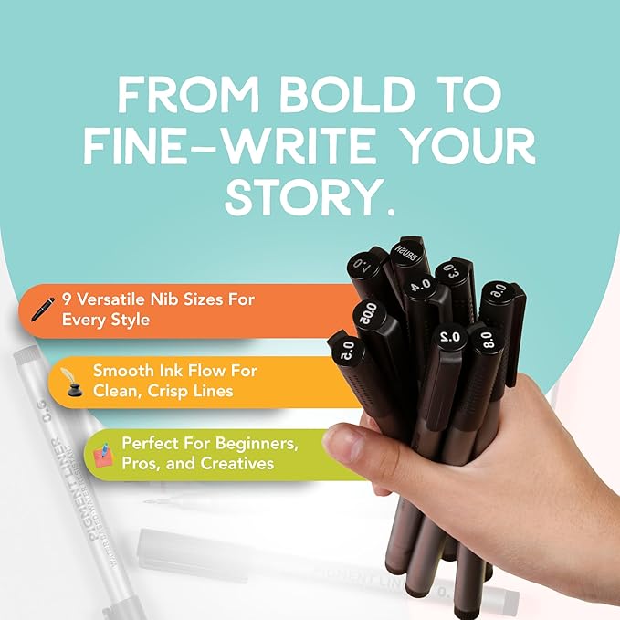 Incraftables Calligraphy Brush Pens – Pack of 9 Assorted Tips – Black Chisel Tip Markers for Hand Lettering, Writing, Sketching, Scrapbooking, & Art Projects – Beginner Kit for Kids & Adults