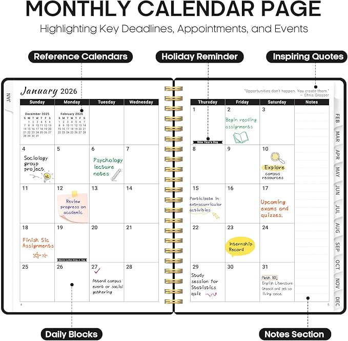 2026 Planner, Weekly and Monthly Calender Planner, Jan 2026 to Dec 2026, Hardcover 2026 Calendar Planner Book with Tabs & Inner Pocket, Office Home School Supplies for Women & Men - A4 (8.5" x 11"), Black