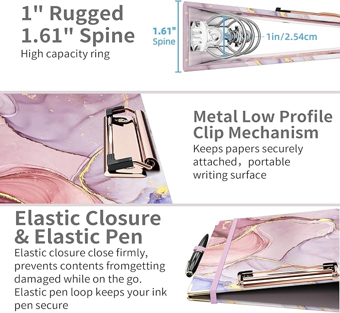 Ospelelf Mini 3 Ring Binder 1 Inch, Cute Pink Marble for 5.5" x 8.5" With 5 Tab Dividers, File Folder Labels and Low Profile Clipboards for School and Office Supplies