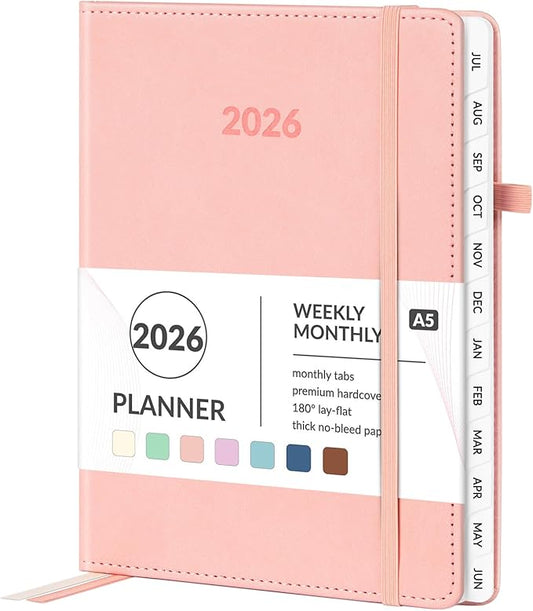 Forvencer 2026 Planner, Weekly Monthly Planners with Month Tabs, 12 Months (Jan 2026 - Dec 2026), A5(5.8"×8.3"), Daily Academic Calendar with Elastic Band, Small Hardcover Agenda, for Teacher, School