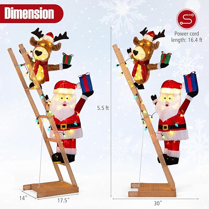 Tangkula 5.5 FT Lighted Reindeer & Santa Claus on Ladder, 3D Pre-Lit Indoor Outdoor Christmas Decoration with 100 LED Lights, Zip Ties and Ground Stakes, Xmas Holiday Decoration for Home Yard Porch