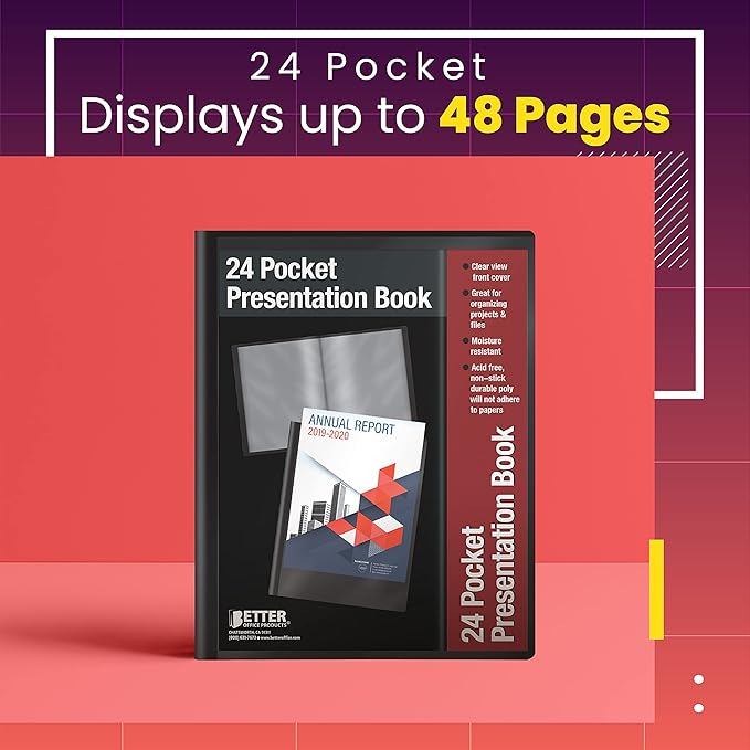 Better Office Products 24 Pocket Bound Presentation Book, Black with Clear View Front Cover, 48 Sheet Protector Pages, 8.5" x 11" Sheets, Art Portfolio, Durable Poly Covers, Letter Size, Black
