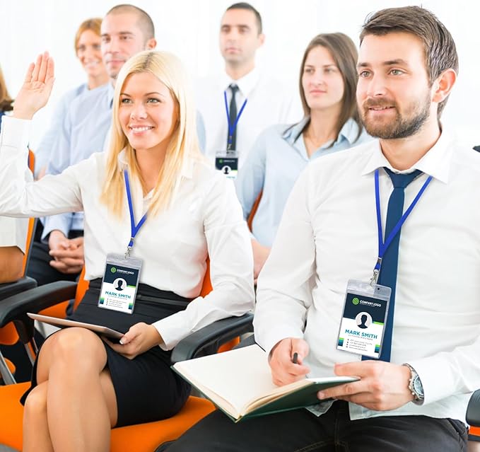 Fushing 50pcs Clear Plastic Vertical Name Tags Badge ID Card Holders and Blue Neck Lanyards with Swivel Hook for School, Festival, Event (L)