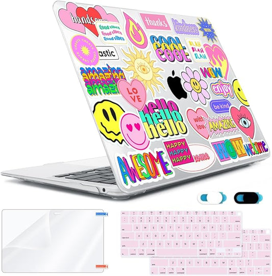 Compatible with MacBook Air 13 inch Case 2022 2021 2020-2018 Release M1 A2337 A2179 A1932 with Touch ID, Hard Print Case + Keyboard Cover + Webcam Cover + Screen Protector, Trendy Patches