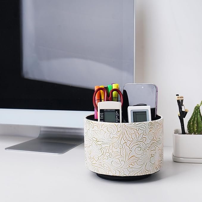 lizimandu Round Leather Art Supply Organizer,Remote Control Holder,360 Degree Spinning,Multi-Functional Pencil Holder,4 Compartments Desktop Stationary Organizer(1-Carved White Gold)