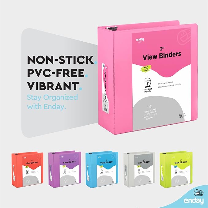 3 Inch 3 Ring Binder Pink, Slant D-Ring 3” Clear View Cover with 2 Inside Pockets, Heavy Duty Colored School Supplies Office and Home Binders – by Enday