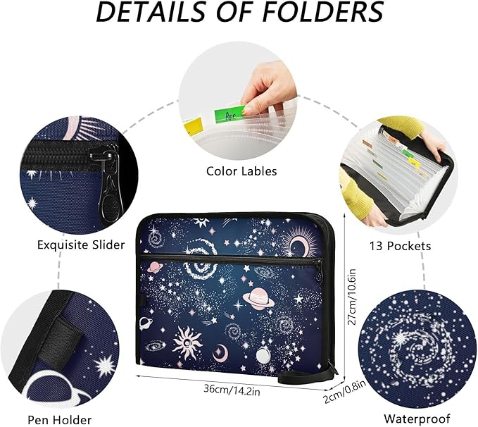 Expanding File Folder - Space Galaxy Pattern 13 Pocket Accordion File Folders with Sticky Labels, A4 Letter Size Paper Document Organizer with Zipper Closure for Office School Boys Girls