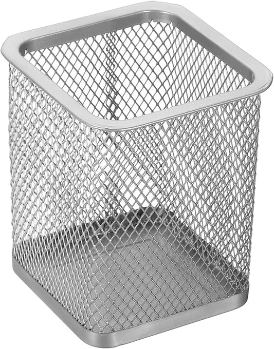 PATIKIL Mesh Pen Holder, Pencil Holder Pencil Basket Pen Cup Locker Organizer Square Makeup Brush Holder for Desk Accessories, Silver