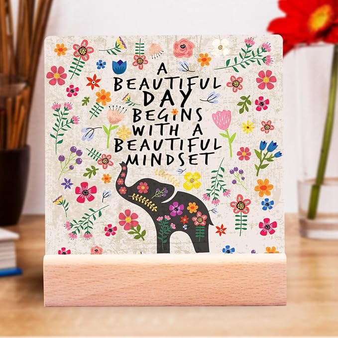 Inspirational Gifts for Teen Girls Women Birthday Christmas-Encouragement Gift Cheer Up Gifts for Friends-Motivational Sign Elephant Ceramic Plaque Desk Decor-A Beautiful Mindset Sign