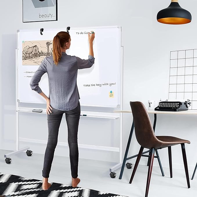 Large Rolling White Board, 48x36 in Double-Sided Mobile Whiteboard, maxtek Reversible Magnetic Dry Erase Board Easel Standing Whiteboard on Wheels Portable Board for Office Classroom and Home, Silver