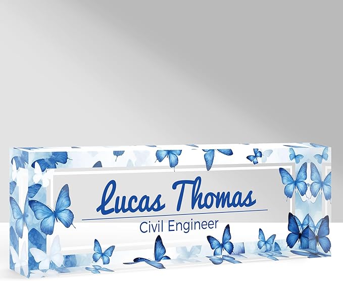 Custom Name Plate for Desk, Personalized Acrylic Office Name Sign with Name & Title, Elegant Desk Decor for Women Men, Employee Appreciation Gift (Blue Butterfly)