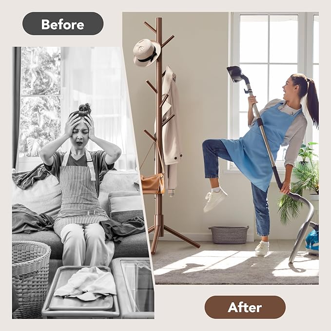 Wooden Tree Coat Rack Stand,Sturdy Freestanding Coat Rack with 8 Hooks,3 Adjustable Height for Child Adult,Wood Coat Stand Tree Fits Entryway Bedroom Office for Bags,Hats, 2 Pack