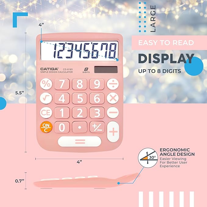 CATIGA Desktop Calculator 8 Digit with Solar Power and LCD Display, Big Buttons, for Home, Office, School, Class and Business, 4 Function Small Basic Calculators for Desk, CD-8185