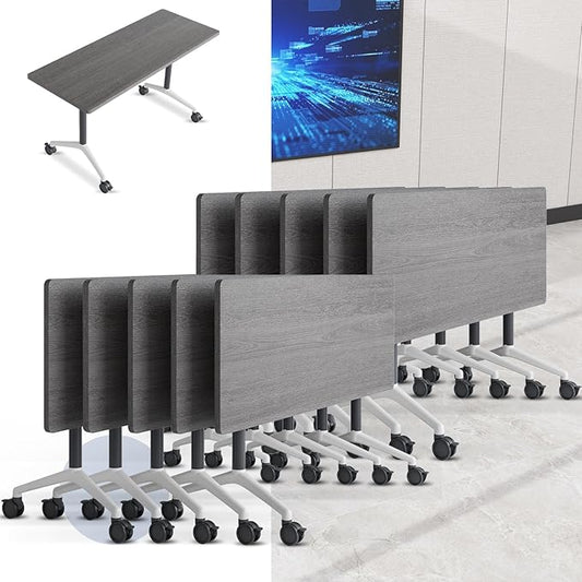 Folding Conference Table, Mobile Training Table for Office Conference, Modern Modular Rectangular Work Desk Meeting Seminar Work Tables with Caster Wheels, Large Breakroom Tables (10Pack L70.9in)