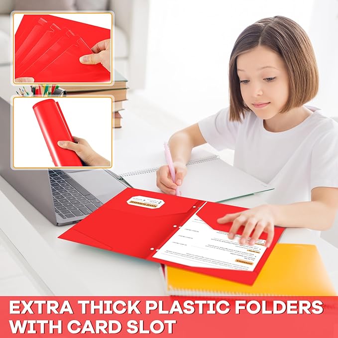 Henoyso 36 Pcs 2 Pocket Plastic Folders with Clear Front Pocket 3 Hole Punched File Folder Letter Size Take Home Documents Holder for Paper Holder Office Business Back to School Supply (Red)