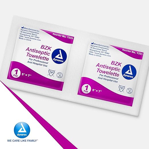 Dynarex BZK Antiseptic Towelettes - 5"x7" - Benzalkonium Chloride, Hand Sanitizing Wipes or First Aid Wound Wipes, 1 Case of 1000 (Packaging May Vary)