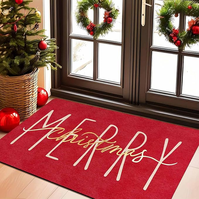 Christmas Door Mat Entrance Front Porch Rugs Red Gold Merry Christmas Doormat Non-Slip Rug Welcome Mat for Entrance Indoor Home Bathroom Floor Decoration, 18" x 30"Inch