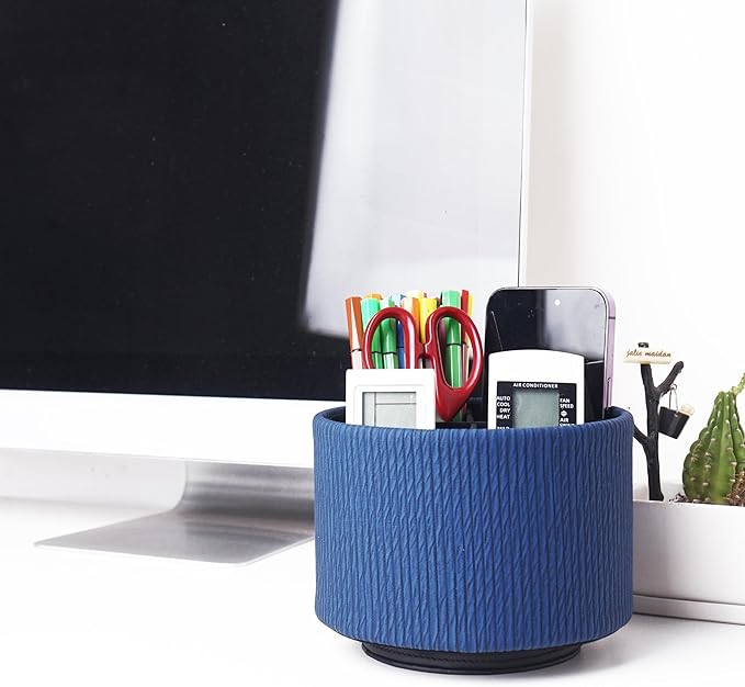 Hennaja Round Leather Art Supply Organizer,Remote Control Holder,360 Degree Spinning,Multi-Functional Pencil Holder,4 Compartments Desktop Stationary Organizer(1-Vertical Wood Blue)
