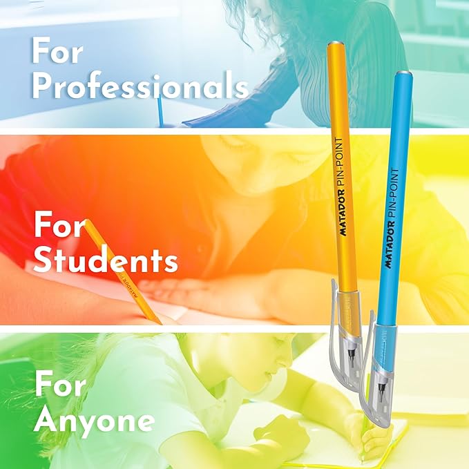 Matador Pin-Point Ball Pen | Oil Based Gel Ink | Soft Rubber Coated Body | 5 Attractive Body Colour | Retractable Fine (0.6mm) NS Tips with TC Ball | Pack of 12 (Blue)