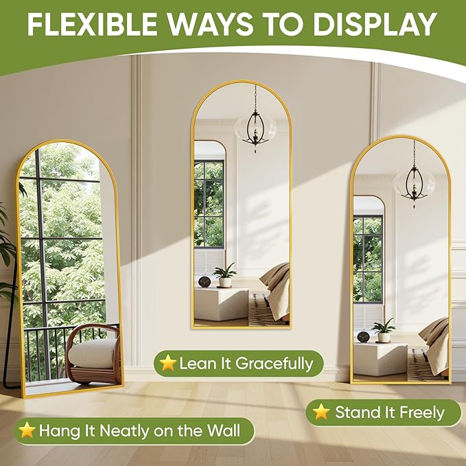 Full-Length Floor Mirror with Stand, 68"x26" Arched Style Full Body Standing Mirror for Bedroom, Living Room, Gym, Dorm - Shatter-Resistant & Easy Assembly, Gold