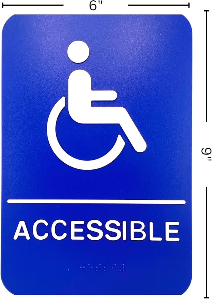 ADA Handicap Accessible Compliant Sign with Braille Sign w/Adhesive Back - Durable and Wipe Clean Plastic - 9"X6" - Blue and White - Business Restaurant Signage - 4 PK