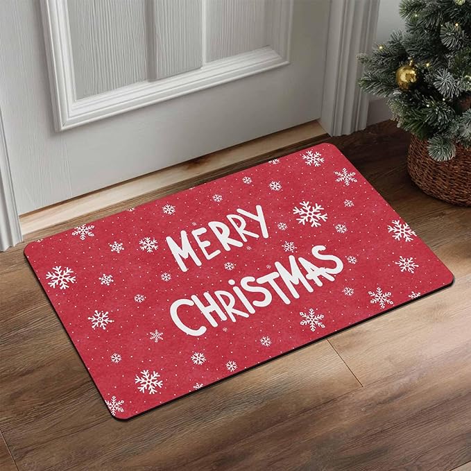 Christmas Door Mat for Indoor Outdoor Merry Christmas Snowflakes Welcome Mat Home Decor Non-Slip Rug Perfect for Front Door and Entryway Easy Clean, 16" x 24" Inch