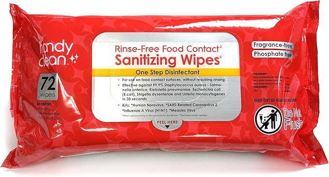HandyClean Rinse-Free Food Contact Sanitizing Wipes Pouch, Multi Surface Cleaning Supplies for Kitchen and Professional Setting - 12 pack, 864 count