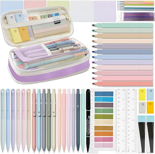 52 PCS Aesthetic School Supplies with Highlighters, Mechanical Pencils, Color Ink Gel pens, Pencil Case, Bible Study Supplies, Pens Pencils and Highlighters Set, Stationary Set for Student (Purple)