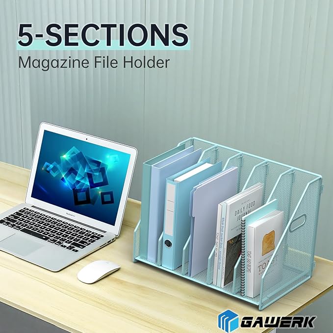 Desk File Organizer Metal Desk Magazine Folder Holder with 5 Vertical Compartments Rack File Organizer for Office, Home, School (Blue)