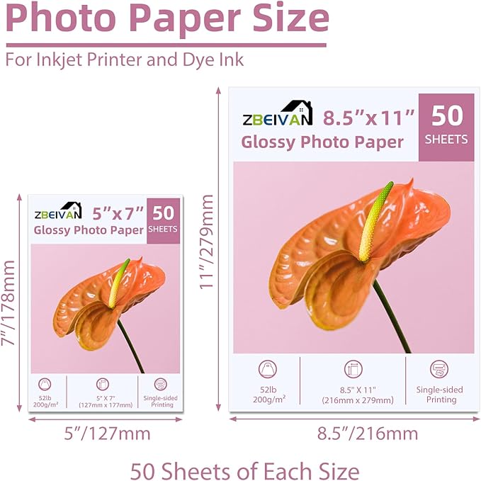 ZBEIVAN Photo Paper 5x7, 8.5x11 inch, Glossy Photo Papers 100 Sheets, 200 GSM Paper for Printer (50 Sheets of each size 5x7, 8.5x11)