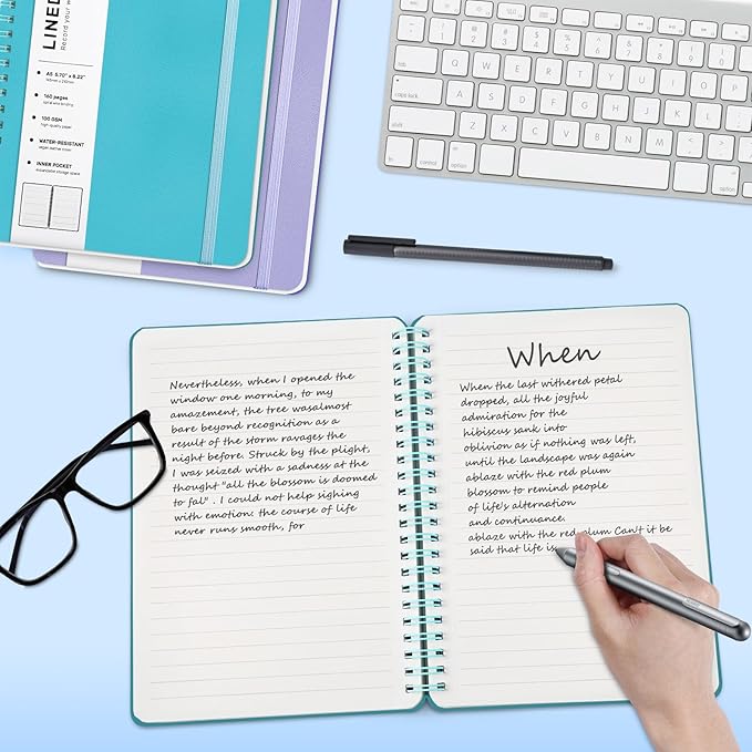 Lined Spiral Journal Notebook, A5 Hardcover Leather Notebook for Work, 5.7''×8.2'', 100GSM Thick Paper Spiral Bound Journaling Notebooks for Women & Men Office School Note Taking Business, Sky Blue