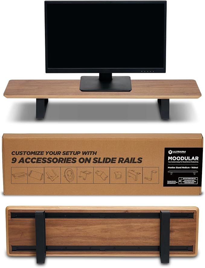 Moodular Wooden Monitor Stand 33.4” (85cm) Desk Organizer with Metal Slide Rails for Drawer, Tray, Laptop, Tablet, Phone & Headphones Customizable Riser for Organized Workspace Walnut MS85-W