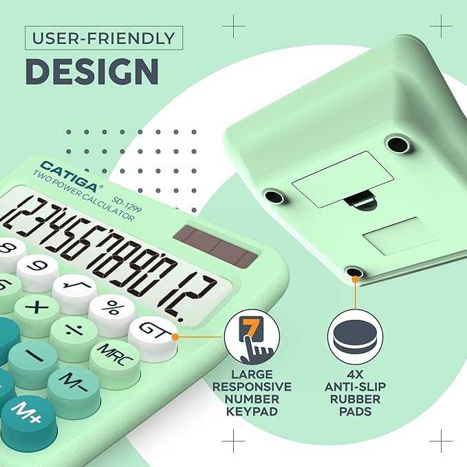 CATIGA Mechanical Switch Calculator with Solar and Battery Dual Power, 12-Digit Large LCD Display, Aesthetic and Cute Desktop Calculator with Big Button, for Home, School and Office Use, SD-1299