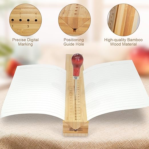 Book Binding Cradle, Wood Bookbinding Punching Cradle with an Awl, Bamboo Signature Punching Cradle with Piercing Guide 5 mm Hole Spacing, Portable Book Binding Tools Kits for Book DIY Crafts