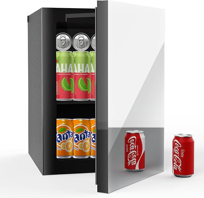 Compact Freestanding Beverage Refrigerator and Personal Beauty Fridge, 24 Can/ 0.9 Cu.Ft Mini Fridge with Mirror-Front Door for Cosmetics, Skincare, Soda, Beer and Wine